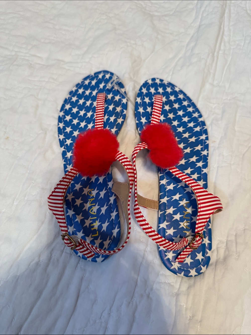 Blue Star Print Sandals with Red Pom Pom size 7 1/2